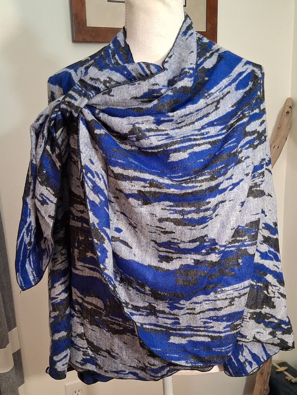 100% Cashmere Abstract Blue & Gray Draped Shawl Cape
